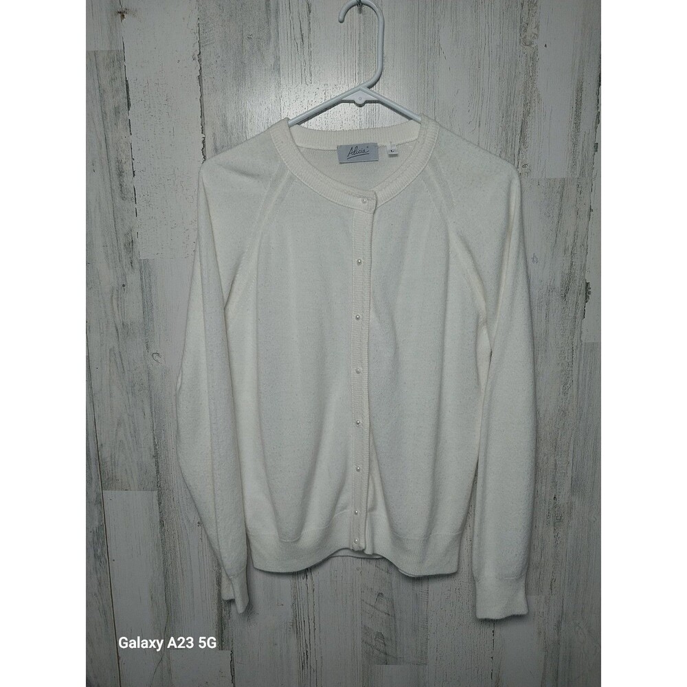 Vintage 90s Alicia Cardigan Sweater Large Womens Ivory Acrylic Made in USA